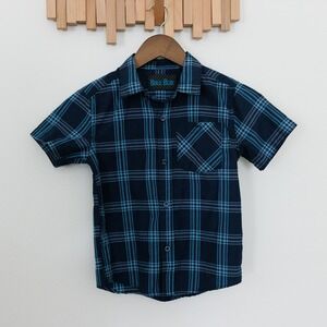 Bold Blue Kids Navy Turquoise Plaid Short Sleeve Button Down Shirt Size 5